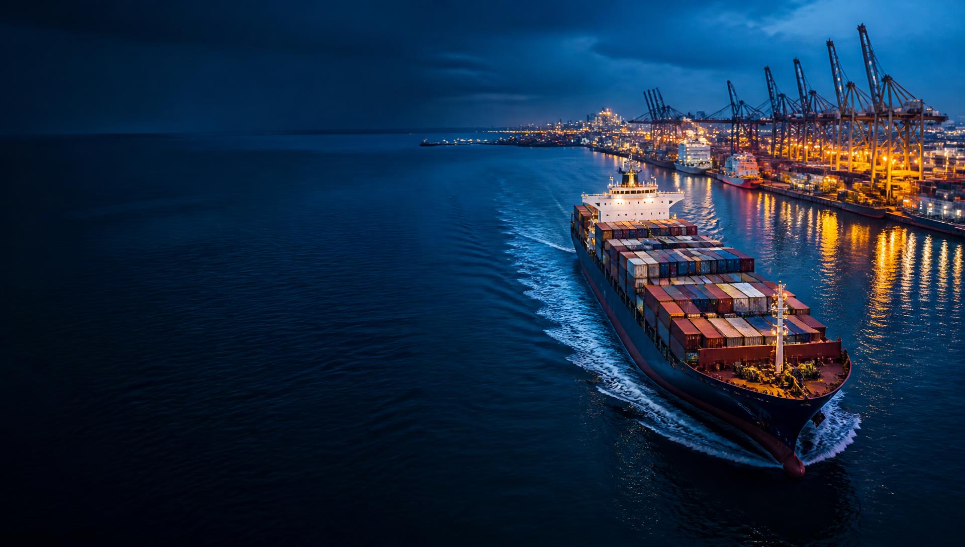 Container ship approaching an illuminated global port